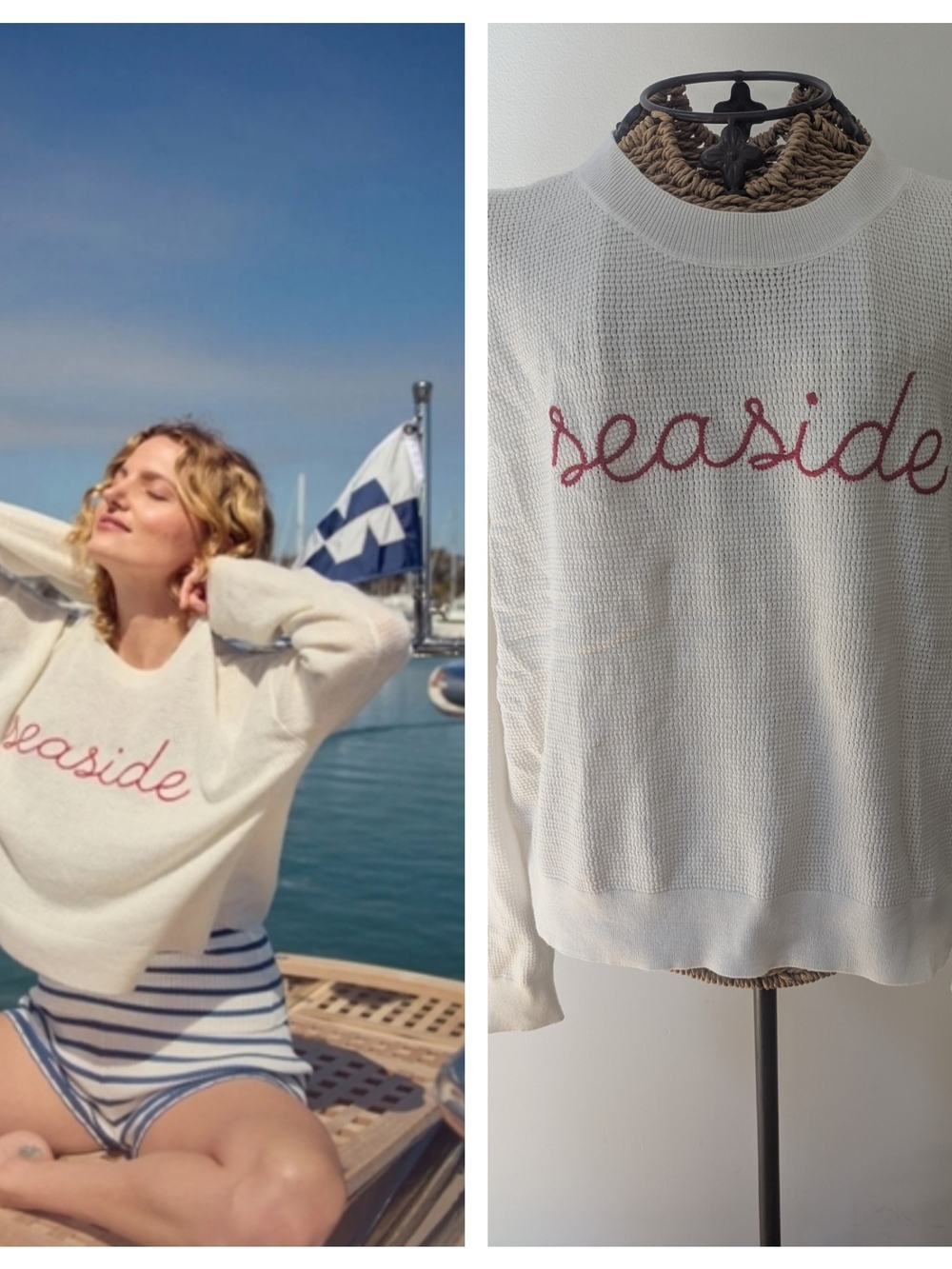 PJ Salvage Cream Crewneck Sweater with Red 'seaside' Embroidery M